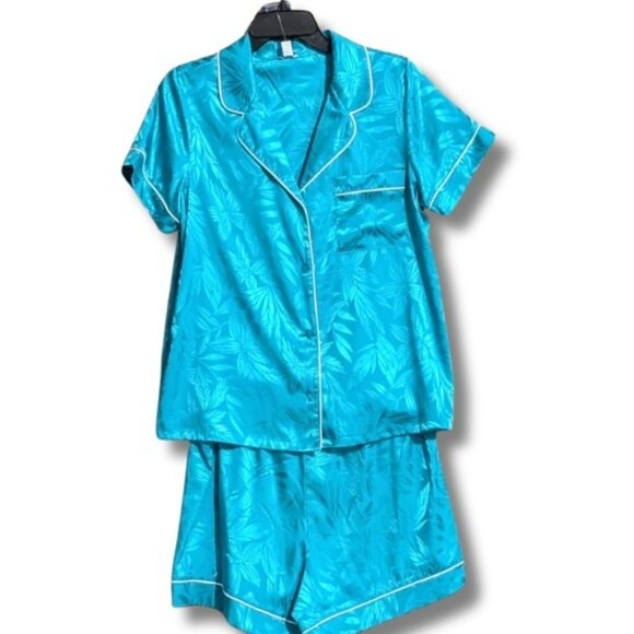 NWT - SATIN FEEL PRINTED JACQUARD PAJAMA AND LOUNGE WEAR COLOR CROWN TURQ - Picture 2 of 5